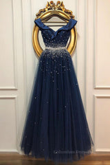 Grad Dress, Off Shoulder Sequins Dark Blue Long Prom Dress, Dark Blue Formal Dress, Off Shoulder Evening Dress