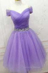 Formal Dress For Party Wear, Off Shoulder Sequins Lilac Short Prom Dress Homecoming Dress, Off Shoulder Lilac Lavender Formal Graduation Evening Dress
