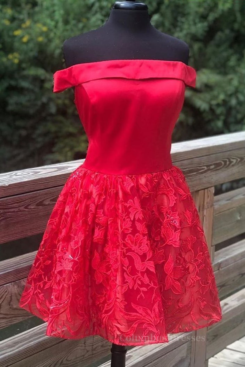 Prom Dress Places Near Me, Off Shoulder Short Red Lace Prom Dress, Off Shoulder Red Lace Formal Graduation Dress, Red Lace Homecoming Dress