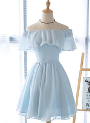 Evening Dress Style, Off Shoulder Simple Short Bridesmaid Dress, Lovely Blue Chiffon Party Dress