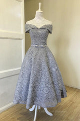 Party Dress Brown, Off Shoulder Tea Length Gray Lace Prom Dresses, Off the Shoulder Gray Homecoming Dresses, Gray Lace Formal Evening Dresses