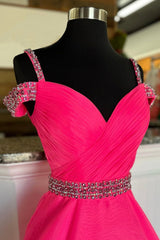 Bridesmaid Dress Pink, Off Shoulder Tulle Beaded Long Formal Dress, Hot Pink Evening Party Dress