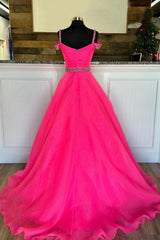 Bridesmaids Dress Pink, Off Shoulder Tulle Beaded Long Formal Dress, Hot Pink Evening Party Dress