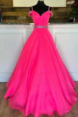 Bridesmaid Dresses Pinks, Off Shoulder Tulle Beaded Long Formal Dress, Hot Pink Evening Party Dress