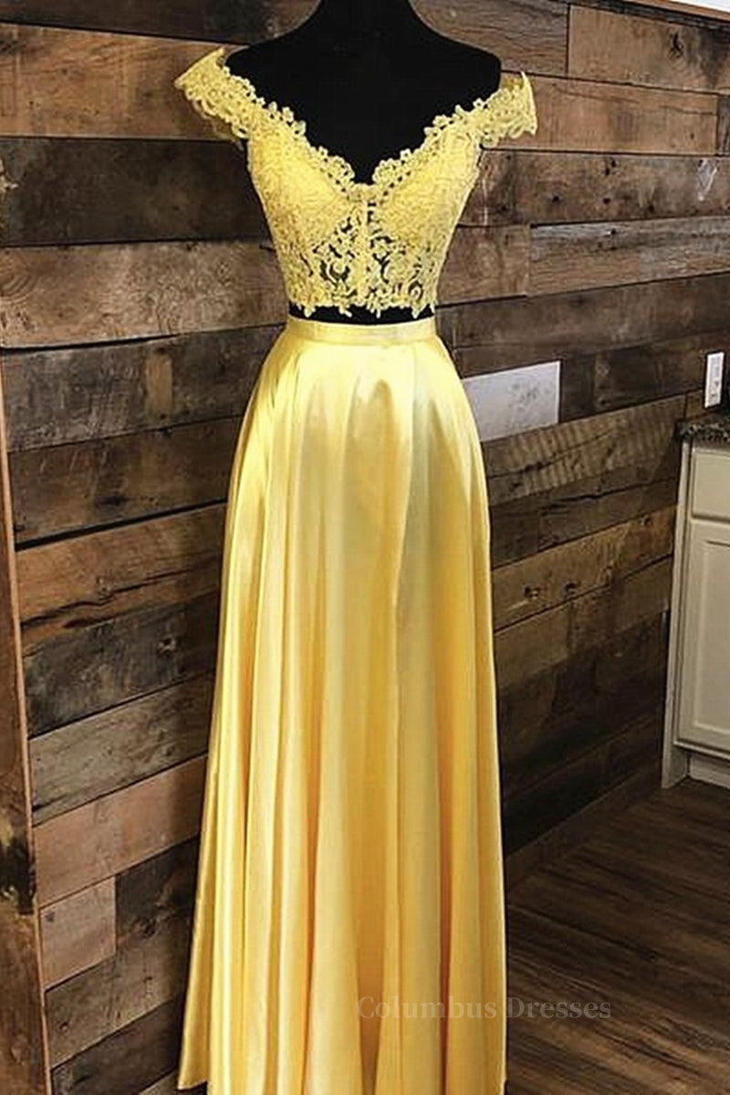 Party Dress Modest, Off Shoulder Two Pieces Lace Yellow Long Prom Dress, Off the Shoulder Yellow Lace Formal Dress, Two Pieces Yellow Lace Evening Dress