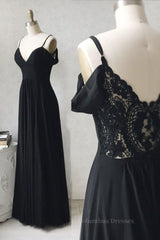 Bridesmaid Dresses Shops, Off Shoulder V Neck Black Lace Long Prom Dress, Off Shoulder Black Formal Dress, Black Lace Evening Dress
