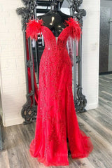 Champagne Bridesmaid Dress, Off Shoulder V Neck Mermaid Red Lace Long Prom Dress with High Slit, Mermaid Red Formal Dress, Red Lace Evening Dress