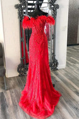 Wedding Aesthetic, Off Shoulder V Neck Mermaid Red Lace Long Prom Dress with High Slit, Mermaid Red Formal Dress, Red Lace Evening Dress