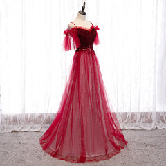 Party Dress Express Photos, Off Shoulder Wine Red Velvet and Tulle Party Dress, A-line Tulle Floor Length Prom Dress