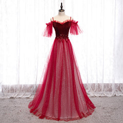 Party Dresses Purple, Off Shoulder Wine Red Velvet and Tulle Party Dress, A-line Tulle Floor Length Prom Dress