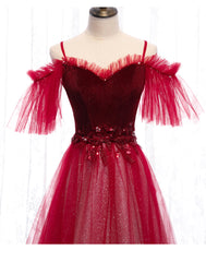 Party Dress Reception Wedding, Off Shoulder Wine Red Velvet and Tulle Party Dress, A-line Tulle Floor Length Prom Dress