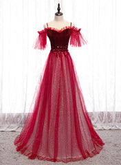 Party Dress With Glitter, Off Shoulder Wine Red Velvet and Tulle Party Dress, A-line Tulle Floor Length Prom Dress