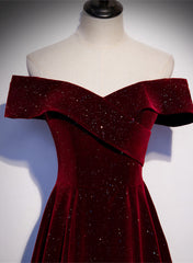 Party Dress Lace, Off Shoulder Wine Red Velvet Long Party Dress, A-line Wine Red Evening Dress