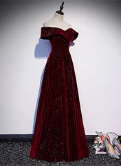Party Dresses Lace, Off Shoulder Wine Red Velvet Long Party Dress, A-line Wine Red Evening Dress