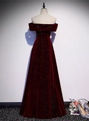Party Dress Winter, Off Shoulder Wine Red Velvet Long Party Dress, A-line Wine Red Evening Dress