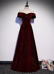 Party Dresses Size 18, Off Shoulder Wine Red Velvet Long Party Dress, A-line Wine Red Evening Dress