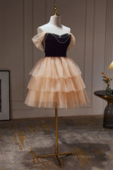 Strapless Prom Dress, Off the Shoulder Black and Champagne Ruffle Short Dress