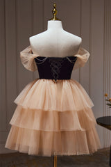 Backless Dress, Off the Shoulder Black and Champagne Ruffle Short Dress