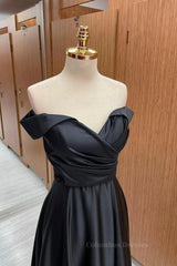 Prom Dress Blue Long, Off the Shoulder Black Satin Long Prom Dresses, Black Off Shoulder Formal Evening Dresses