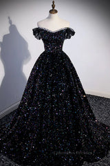 Prom Dress, Off the Shoulder Black Sequin Prom Dresses, Black Long Formal Evening Dresses