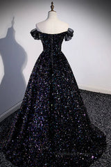 Prom Dress Burgundy, Off the Shoulder Black Sequin Prom Dresses, Black Long Formal Evening Dresses