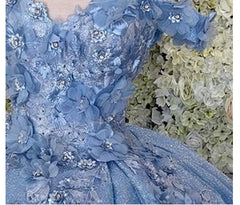 Party Dress Sale, Off the shoulder blue ball gown , sparkly prom dress with flowers