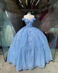 Party Dress Sales, Off the shoulder blue ball gown , sparkly prom dress with flowers