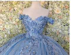 Party Dresses Sales, Off the shoulder blue ball gown , sparkly prom dress with flowers