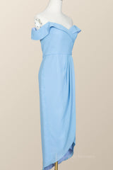 Party Dresses On Sale, Off the Shoulder Blue Draped Midi Bridesmaid Dress