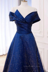 Prom Dress Long With Slit, Off the Shoulder Blue Long Prom Dresses, Off Shoulder Long Formal Evening Dresses