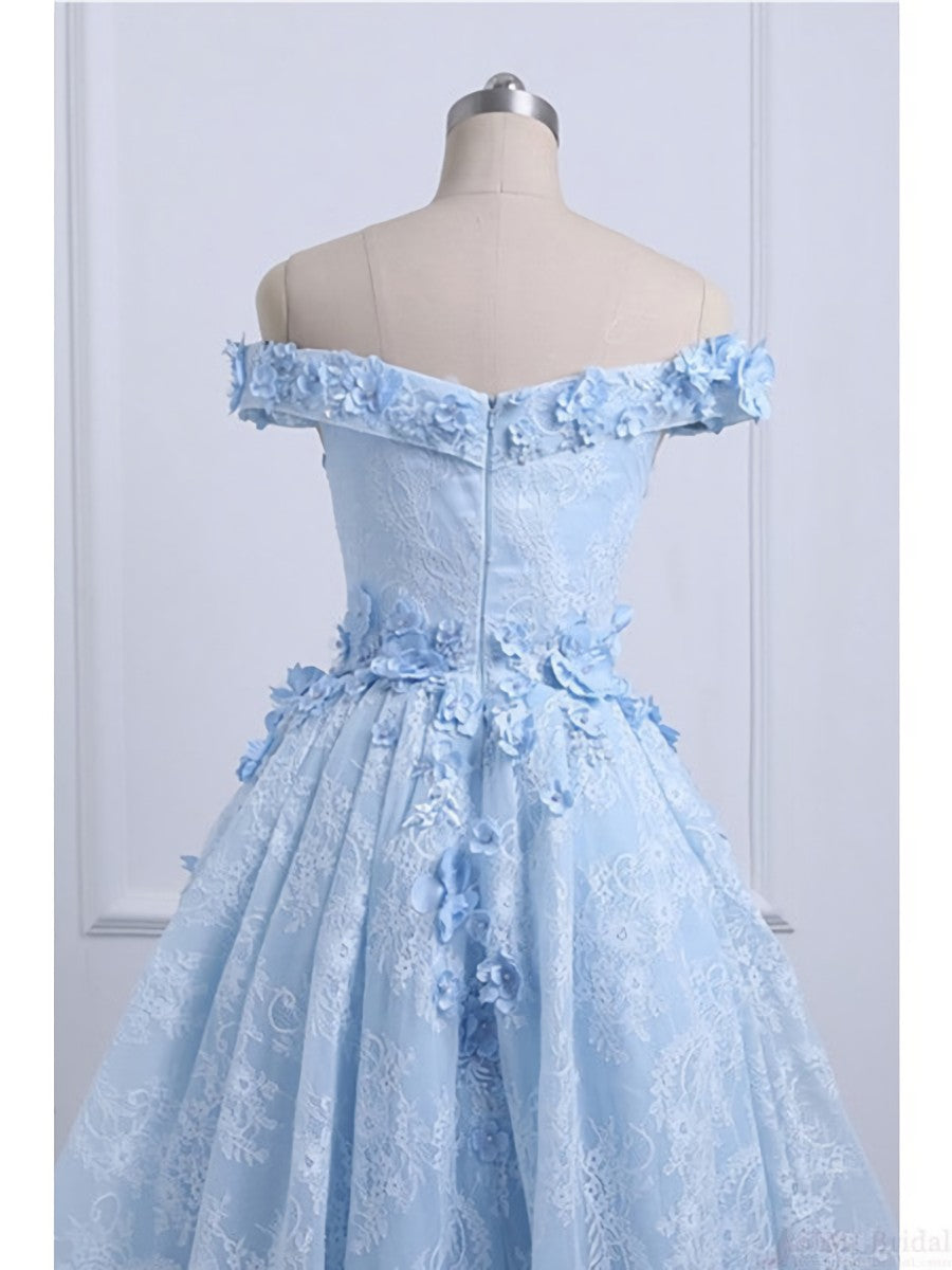 Formal Dresses With Sleeve, Off the Shoulder Blue Prom Dresses Lace Applique,  High Low Prom Dress
