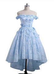 Formal Dress With Sleeve, Off the Shoulder Blue Prom Dresses Lace Applique,  High Low Prom Dress