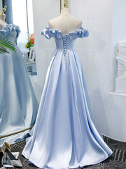 Party Dress New Look, Off the Shoulder Blue Satin Prom Dresses, Sky Blue Off Shoulder Satin Long Formal Graduation Dresses