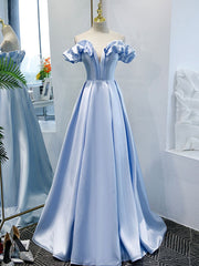 Party Dress Renswoude, Off the Shoulder Blue Satin Prom Dresses, Sky Blue Off Shoulder Satin Long Formal Graduation Dresses