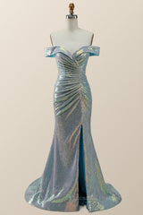 Party Dress Brown, Off the Shoulder Blue Sequin Mermaid Long Formal Dress