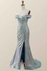 Party Dress Beige, Off the Shoulder Blue Sequin Mermaid Long Formal Dress