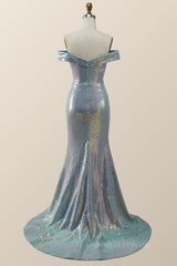 Spring Dress, Off the Shoulder Blue Sequin Mermaid Long Formal Dress