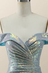 Simple Dress, Off the Shoulder Blue Sequin Mermaid Long Formal Dress
