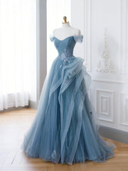Prom Dress Corset Ball Gown, Off the Shoulder Blue Tulle Prom Dresses, Blue Tulle Floral Formal Evening Dresses