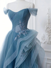 Prom Dress Fairy, Off the Shoulder Blue Tulle Prom Dresses, Blue Tulle Floral Formal Evening Dresses