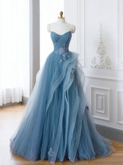 Prom Dresses Blue Light, Off the Shoulder Blue Tulle Prom Dresses, Blue Tulle Floral Formal Evening Dresses