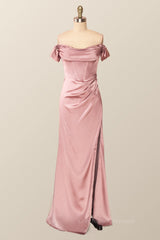 Bridesmaid Dress Trends, Off the Shoulder Blush Mermaid Long Party Dress with Slit