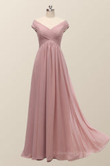 Evening Dresses Wholesale, Off the Shoulder Blush Pink A-line Bridesmaid Dress