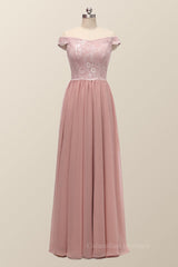 Evening Dress Gowns, Off the Shoulder Blush Pink Lace and Chiffon Bridesmaid Dress