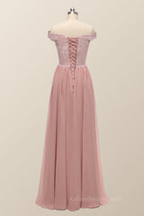 Evening Dresses Gown, Off the Shoulder Blush Pink Lace and Chiffon Bridesmaid Dress