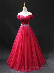 Prom Dresses Inspired, Off the Shoulder Burgundy Prom Dresses with Beaded Belt, Wine Red Long Formal Evening Dresses