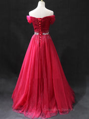 Prom Dresses Inspiration, Off the Shoulder Burgundy Prom Dresses with Beaded Belt, Wine Red Long Formal Evening Dresses