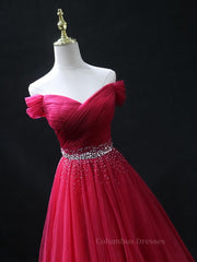 Prom Dress Inspirational, Off the Shoulder Burgundy Prom Dresses with Beaded Belt, Wine Red Long Formal Evening Dresses