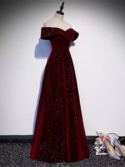 Bridesmaid Dress Online, Off the Shoulder Burgundy Velvet Long Prom Dresses, Wine Red Long Formal Graduation Dresses
