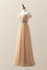 Evening Dresses Cocktail, Off the Shoulder Champagne Lace and Tulle Long Bridesmaid Dress